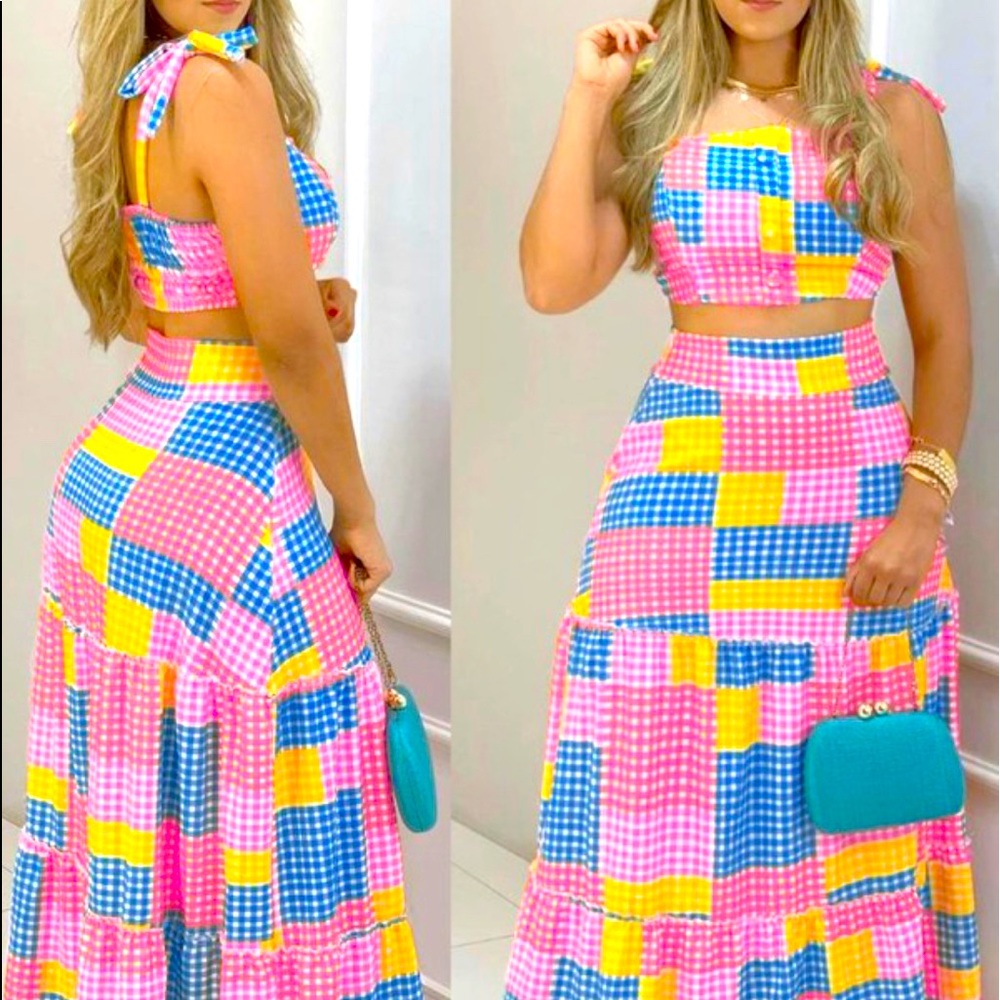 Plaid Colorblock Crop Top & Maxi Skirt Set